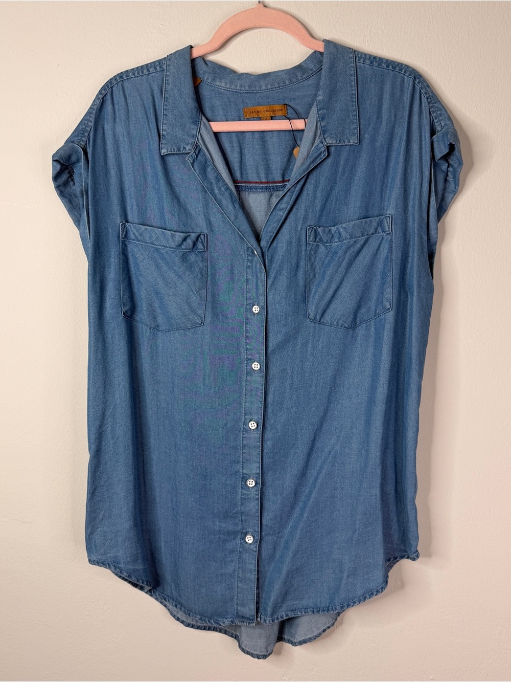Jachs Girlfriend NWT Chambray TENCEL Short Sleeve Button Down Top Size L